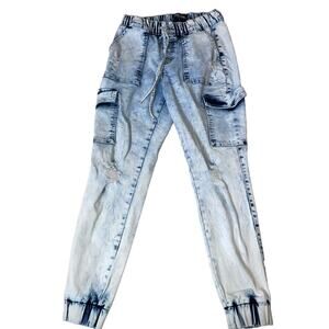 Wax Jeans pull on denim/jean acid/stone wash elastic ankle & waist W/ pockets SM